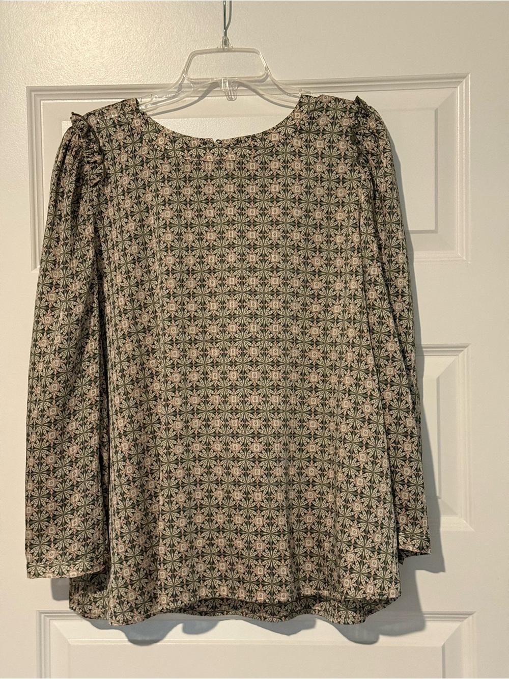 LOFT Green Floral-Print Long Sleeve Blouse with Pink Accents